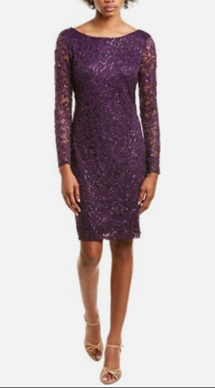 Marina Women's Sheath Lined Lace Cocktail Party Dress Purple Sequins Plus 16W